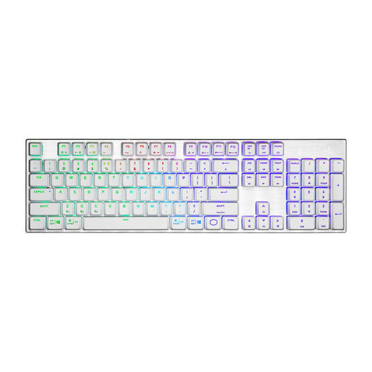 Cooler Master SK653 Full Sized Wireless/Bluetooth RGB Mechanical Keyboard With Low Profile Clicky Blue Switch - White