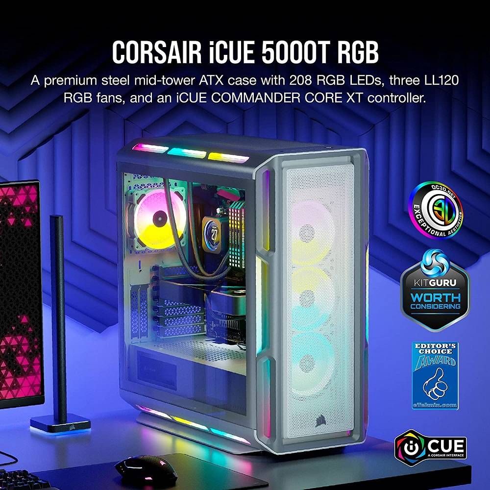 CORSAIR iCUE 5000T RGB Tempered Glass Mid-Tower ATX Case - White