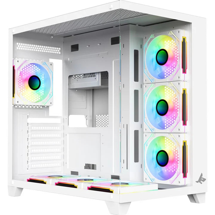 Sharx Profin Mid Tower Two Panel Front & Left Side Tempered Glass Case with 7 RGB Fans - White