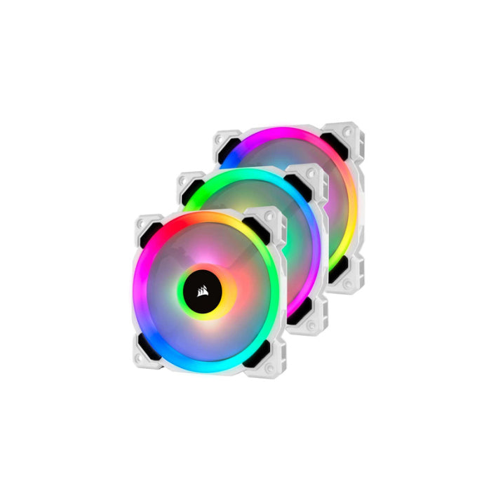 طقم مراوح ثلاثية من Corsair iCUE LL120 RGB مع حلقات إضاءة RGB مزدوجة + محور إضاءة + Lighting Node Pro وشريطي تثبيت - أبيض 