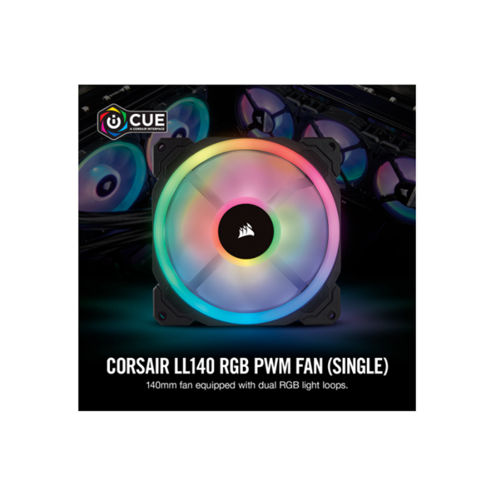 Corsair iCUE LL140 RGB 140mm مع مروحة واحدة بحلقة إضاءة مزدوجة RGB LED PWM - أسود 