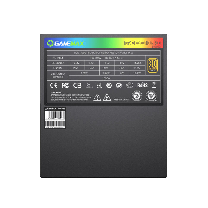 GameMax GX PRO Rampage 80PLUS GLOD Platinum Fully Modular 1050W ATX RGB Power Supply - Black