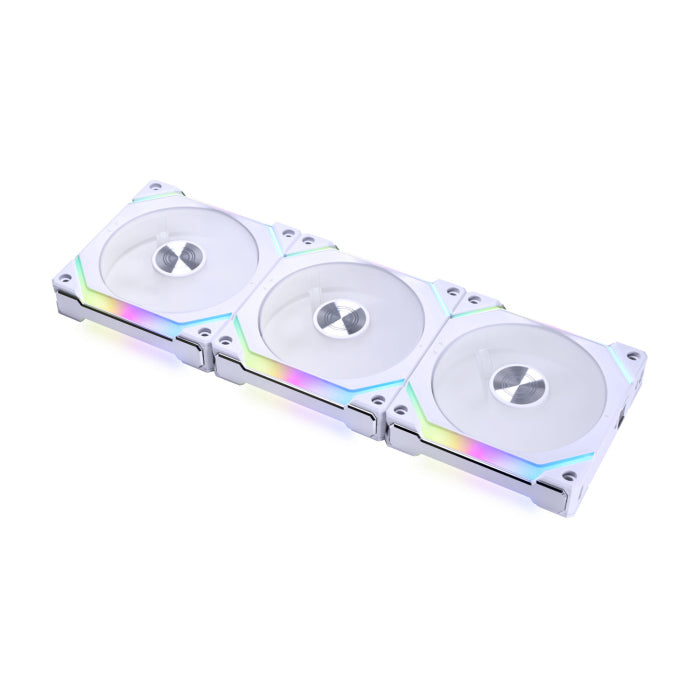 LIAN LI UNI FAN SL120 V2 RGB مروحة ARGB ذات سلسلة ديزي 3 في 1 مع وحدة تحكم ARGB - أبيض 